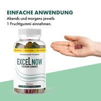 Thumbnail for Excel Now Premium Gummies Dose neben Hand mit Fruchtgummi und Anwendungstext morgens und abends