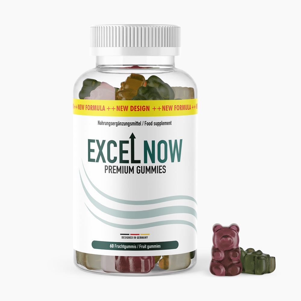 Excel Now Premium Gummies in transparenter Dose, daneben rote und grüne Fruchtgummis sichtbar
