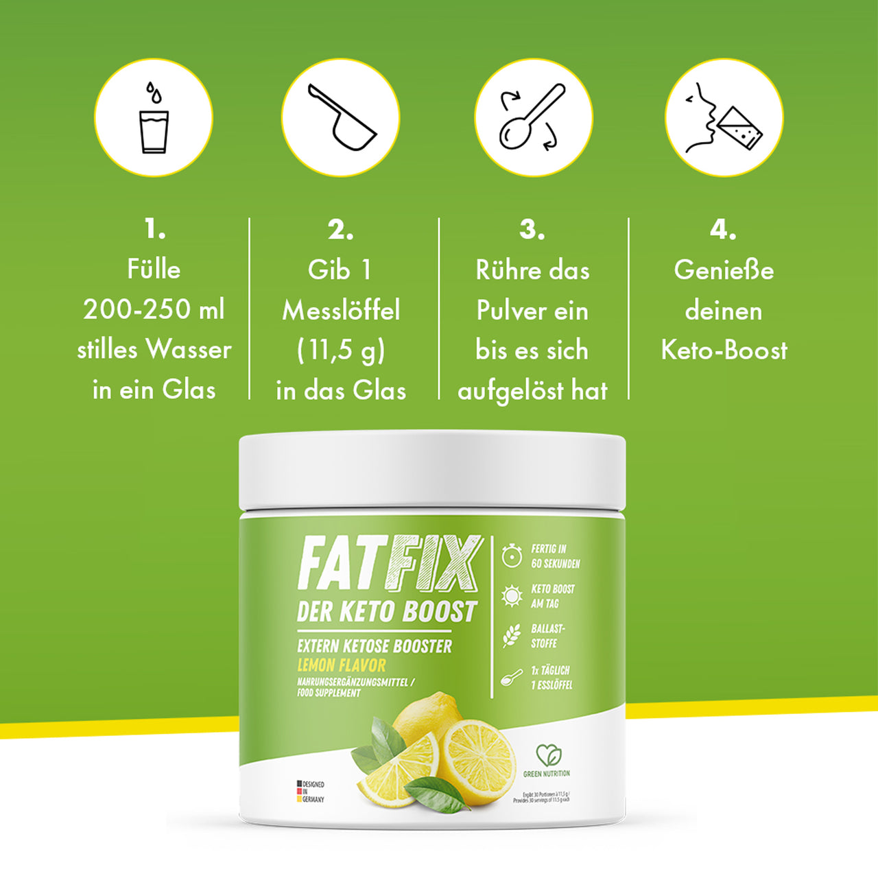 Grüne FATFIX-Dose mit Zitronenabbildung und vierstufiger Anleitung zur Zubereitung im Glas