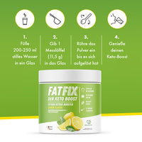 Thumbnail for Grüne FATFIX-Dose mit Zitronenabbildung und vierstufiger Anleitung zur Zubereitung im Glas