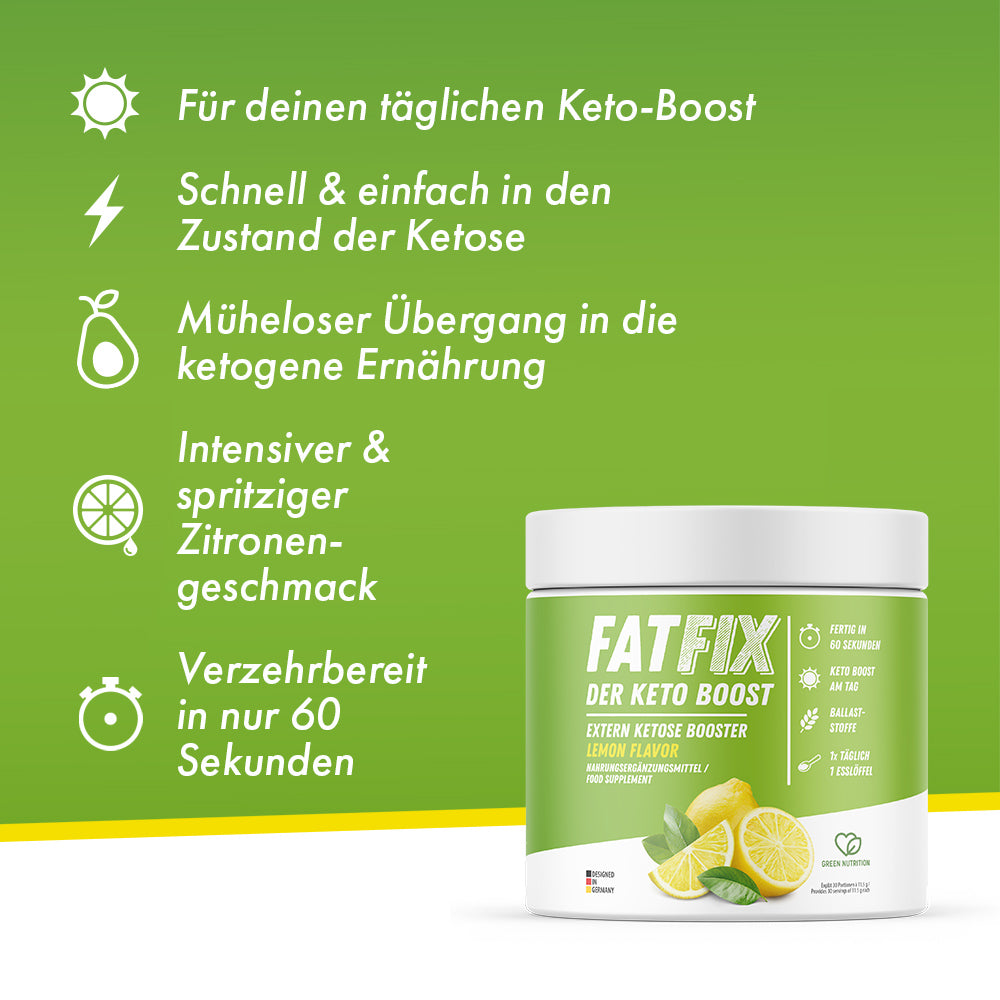 Grüne FATFIX-Dose mit Zitronenabbildung und Auflistung zu Keto-Boost, Geschmack und Anwendung