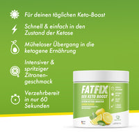Thumbnail for Grüne FATFIX-Dose mit Zitronenabbildung und Auflistung zu Keto-Boost, Geschmack und Anwendung