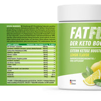 Thumbnail for Nährwerttabelle und Zutatenliste der FATFIX-Dose Lemon Flavor mit Angaben zu Dosierung und Vitaminen