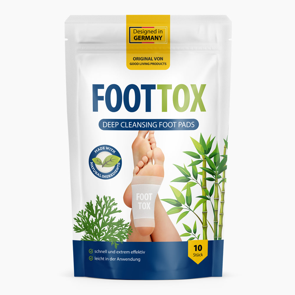 FOOTTOX Fußpads auf Füßen mit Aufschrift, Verpackung mit Pflanzenabbildungen und 10-Stück-Angabe