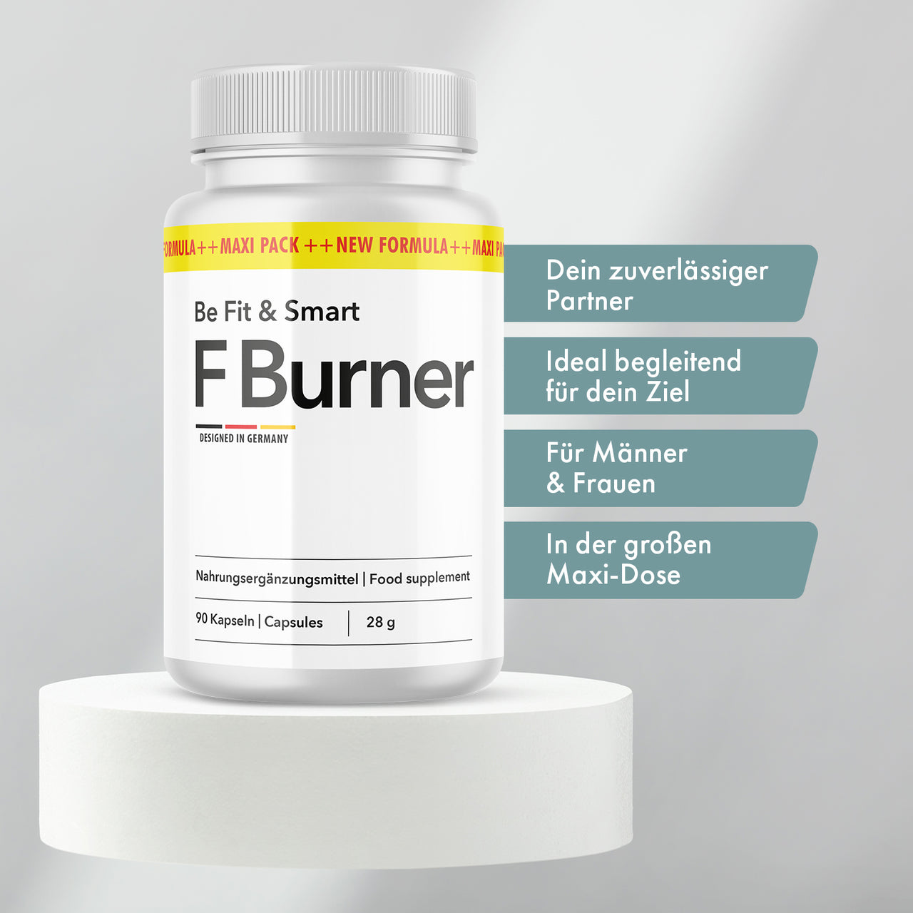 Dose des Nahrungsergänzungsmittels Be Fit & Smart FBurner auf Podest mit sichtbaren Infohinweisen