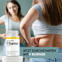 Thumbnail for Dose Be Fit & Smart FBurner neben Frau, die sich im Spiegel betrachtet und ihre Hüfte berührt