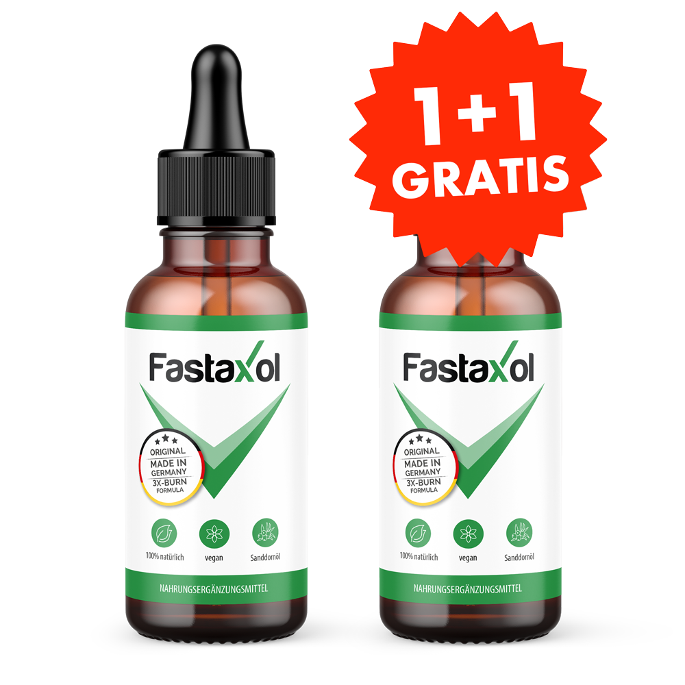 Fastaxol Nahrungsergänzungsmittel in zwei Tropfflaschen, beworben mit dem Hinweis „1+1 GRATIS“