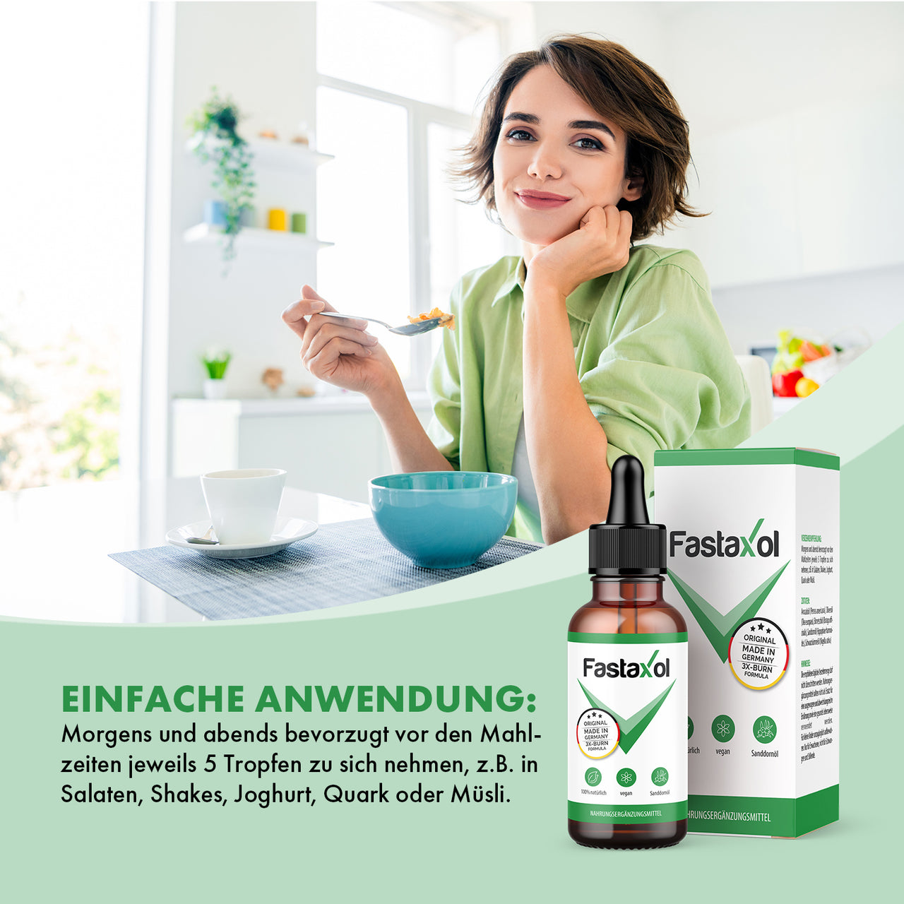 Frau beim Essen; daneben Fastaxol Tropfflasche und Verpackung mit Einnahmehinweis morgens und abends