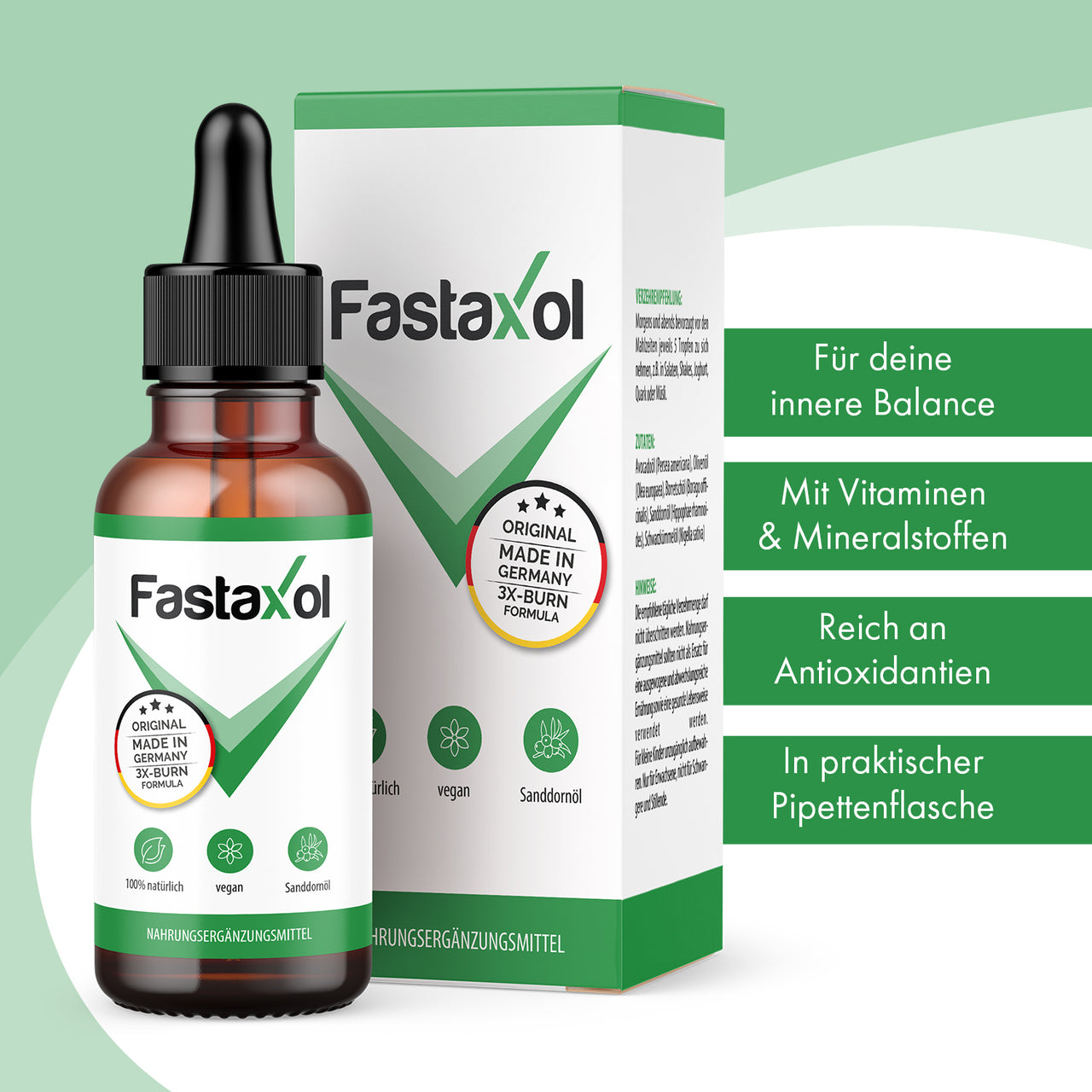 Fastaxol Tropfen mit Verpackung und sichtbaren Werbeaussagen zu Balance und Antioxidantien