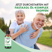 Thumbnail for Fastaxol Öl-Komplex Tropfen mit Produktflasche und einem lächelnden Paar vor grüner Außenkulisse