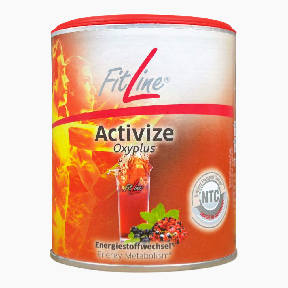 Dose FitLine Activize Oxyplus mit rotem Deckel, Abbildung Getränk im Glas und Beeren