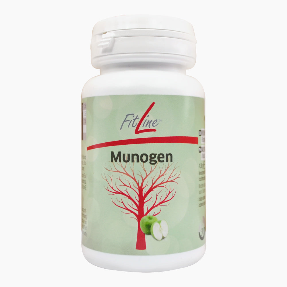 Weiße Kunststoffdose mit grünem Etikett und rotem Baumaufdruck FitLine Munogen mit grünem Obst 