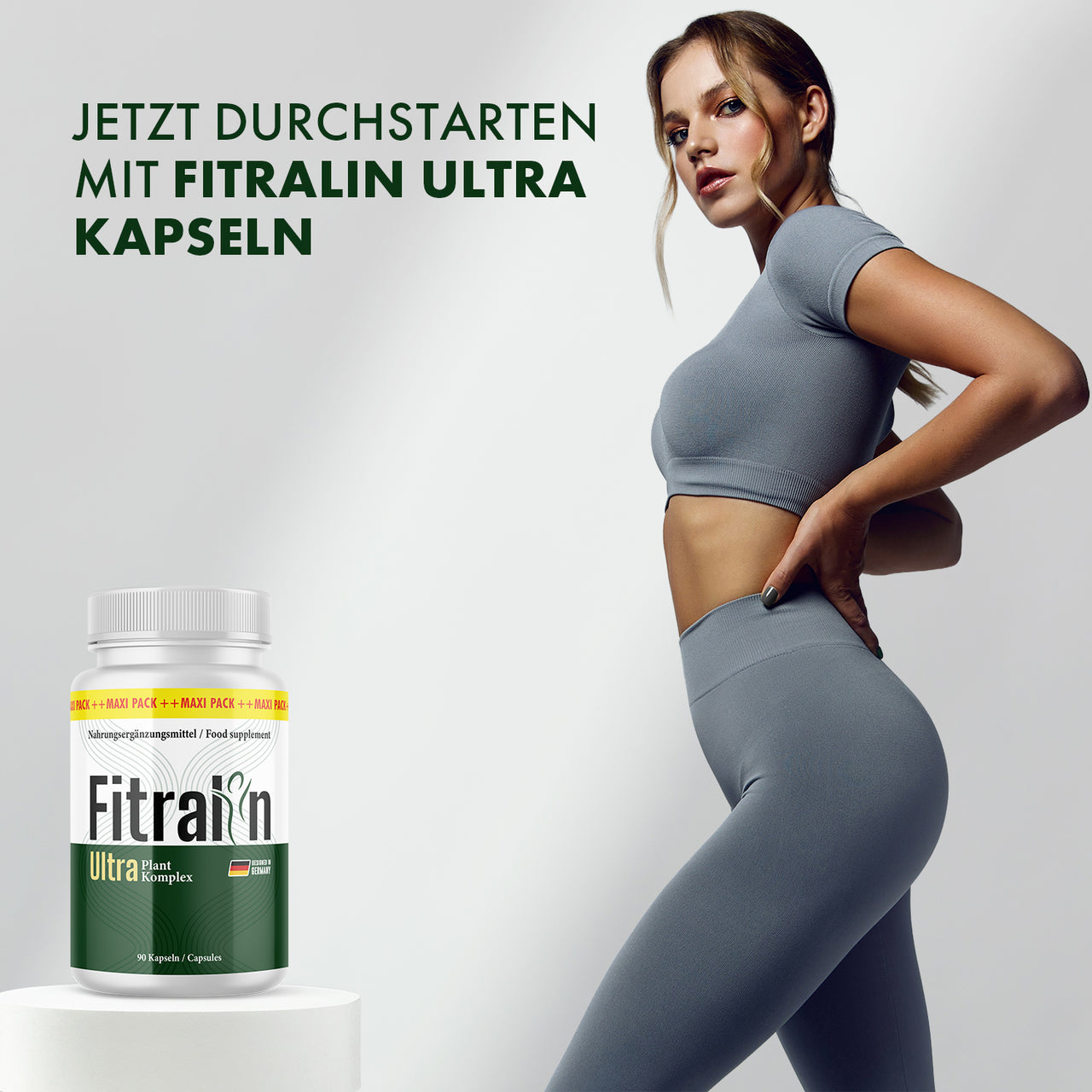 Fitralin Ultra Nahrungsergänzung mit Frau in Sportoutfit vor hellem Hintergrund