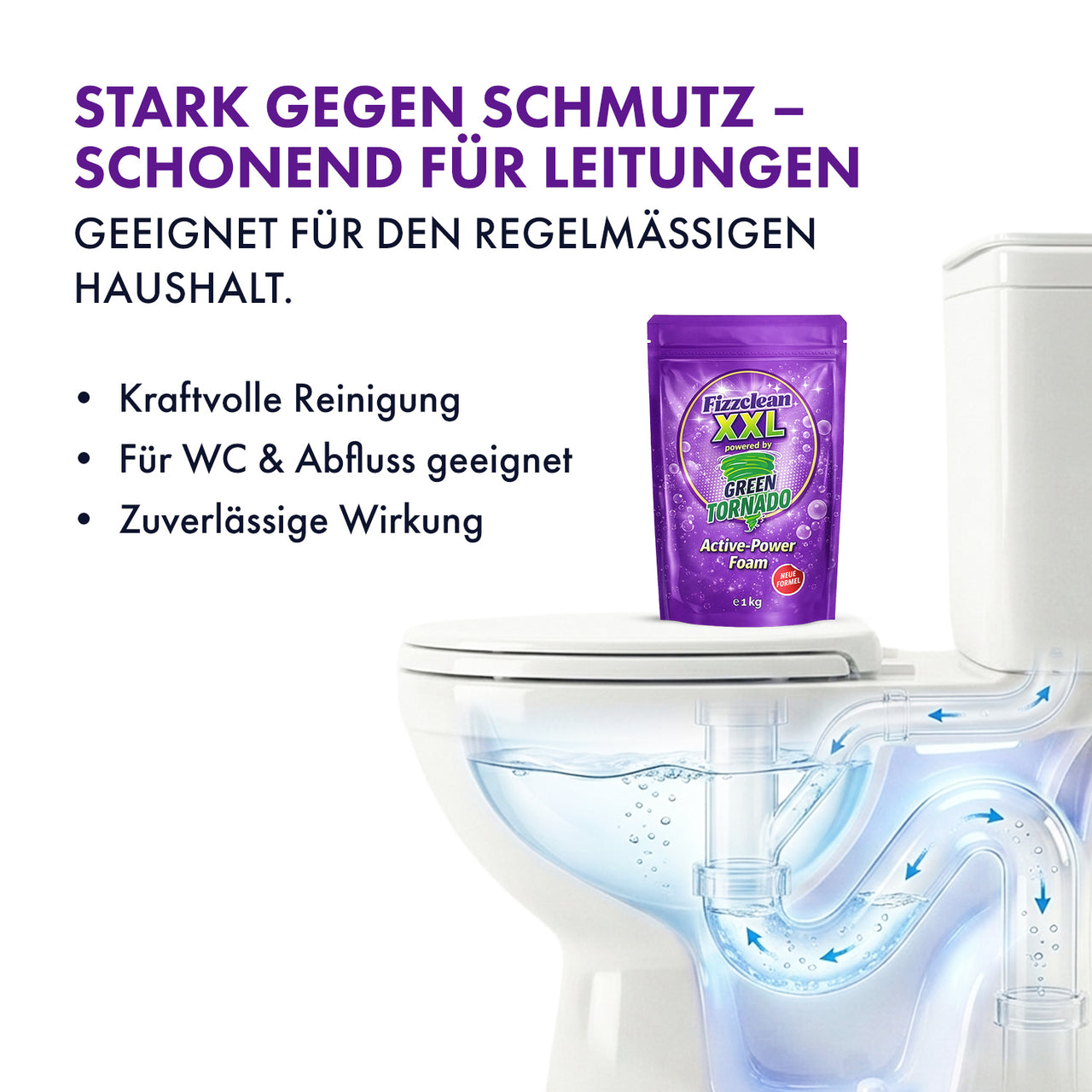 Toilette mit Schnitt durch Abfluss und Fizzclean XXL 1 Kg Packung