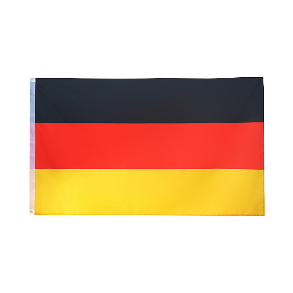 Flagge mit drei horizontalen Farbstreifen in Schwarz, Rot und Gelb mit Metallöse am Rand