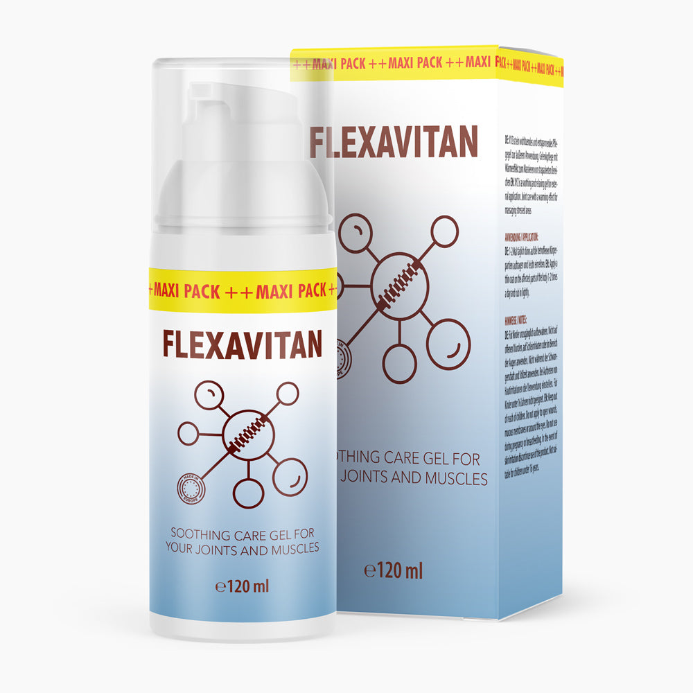 Dose mit Pumpspender und blauem Farbverlauf FLEXAVITAN, 120 ml vor passender Faltschachtel