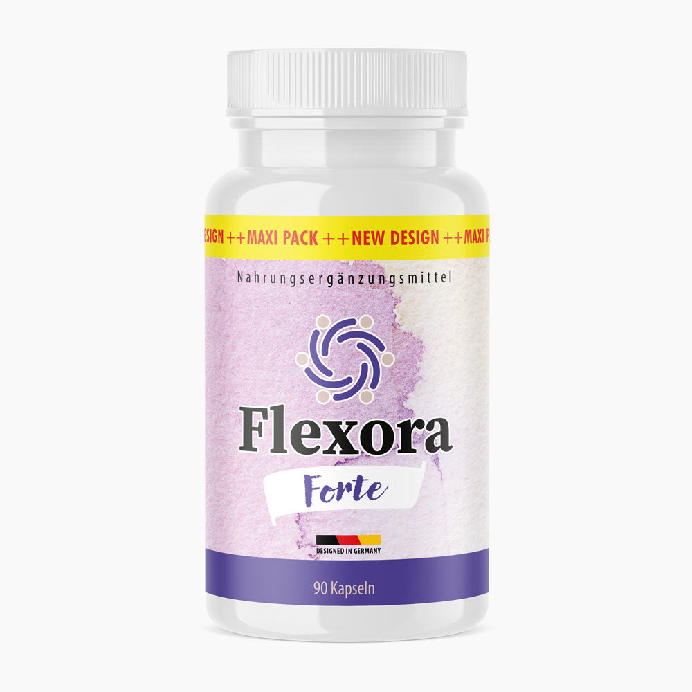 Weiße Kunststoffdose Flexora Forte mit 90 Kapseln und violettem Etikett