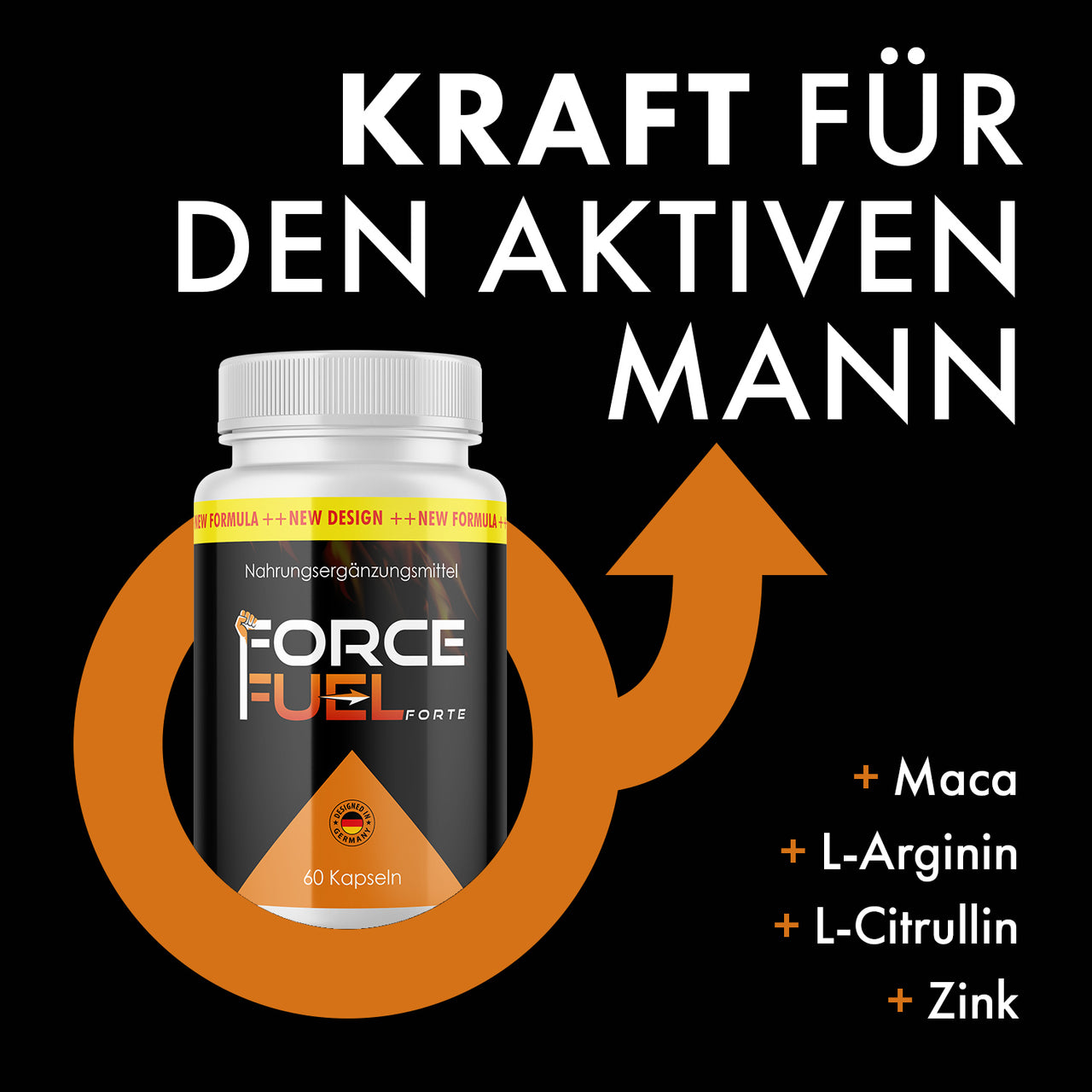 Force Fuel Forte in weißer Dose mit Werbetext, Pfeilsymbol und sichtbaren Zutaten auf schwarzem Hintergrund