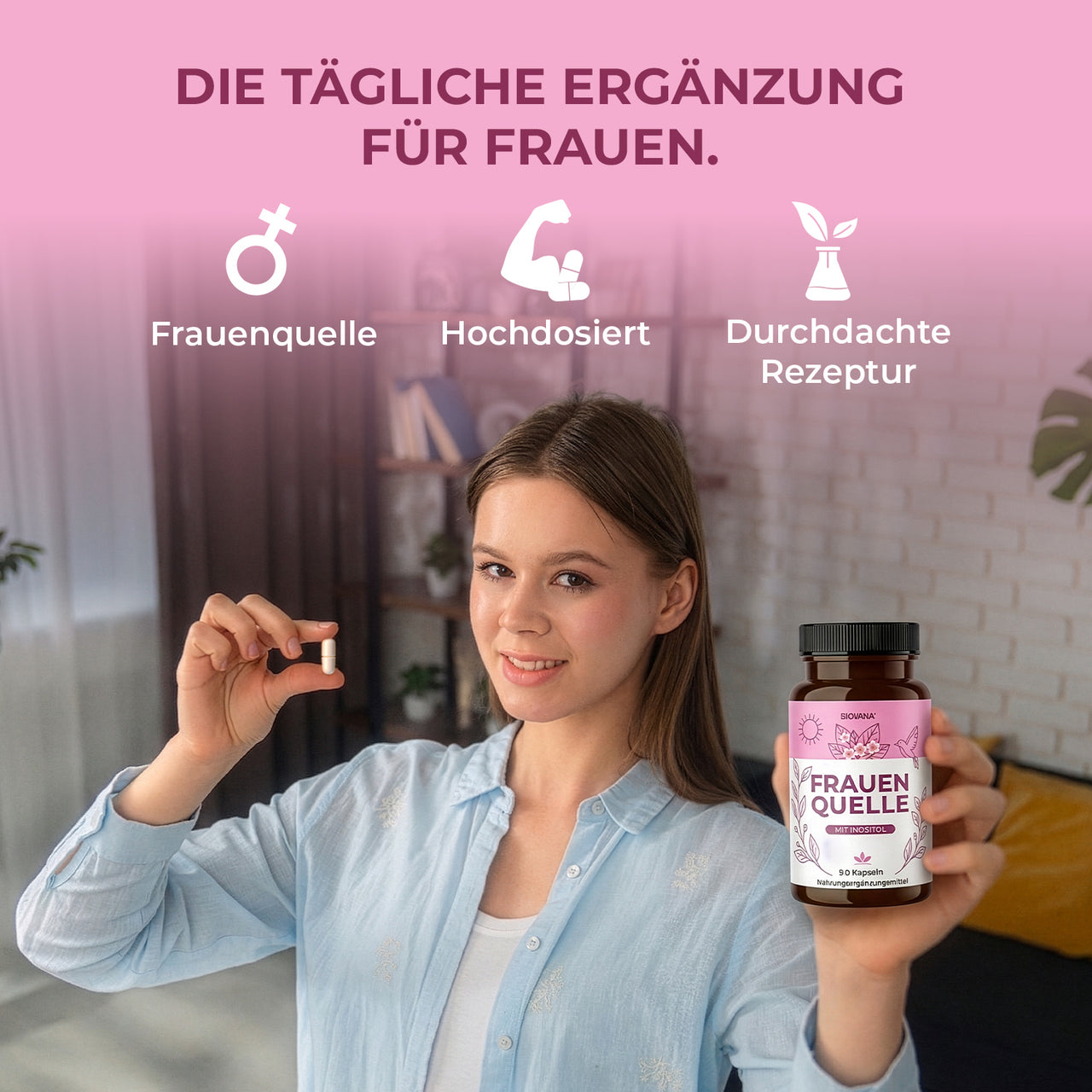 Frau mit Kapsel in der Hand und Dose Frauen Quelle vor rosa Textfeld