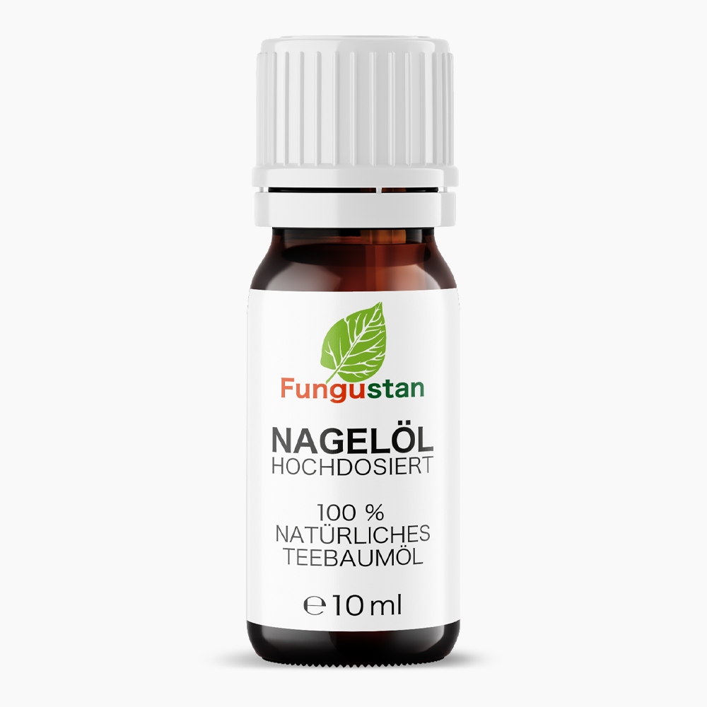 Braune Glasflasche mit weißem Etikett und Schraubverschluss, Schrift Fungustan Nagelöl, 10 ml