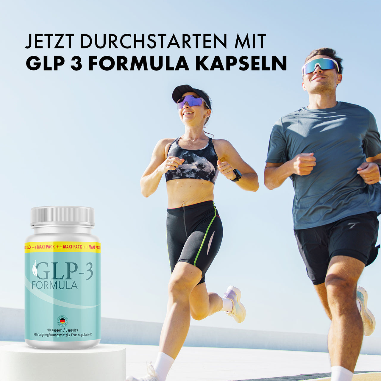 Zwei Personen joggen im Freien neben weißer GLP-3 Formula Dose und Text zu GLP 3 Formula Kapseln
