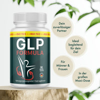 Thumbnail for GLP Formula Forte Maxi Pack mit 90 Kapseln auf Holzpodest, daneben Vorteile für Männer und Frauen
