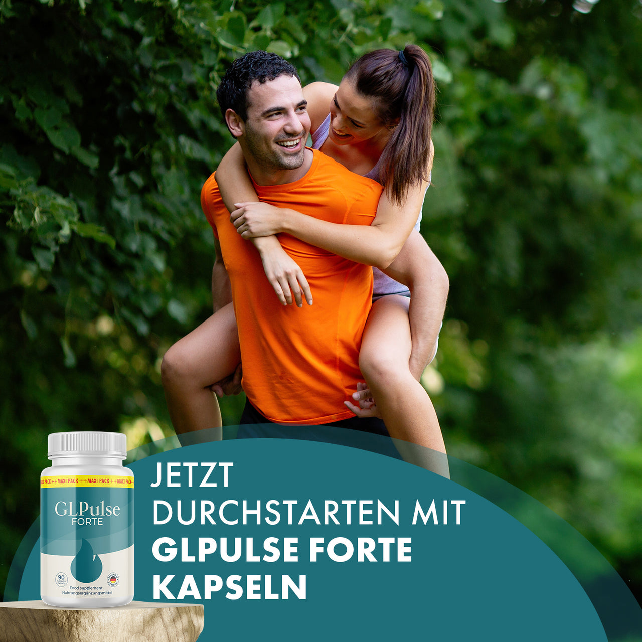 Paar im Grünen, Person trägt andere auf dem Rücken, daneben GLPulse Forte und Werbetext zu Kapseln