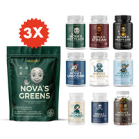 Thumbnail for Set aus NOVA’S Produkten 3X Edition mit NOVA’S GREENS Beutel und mehreren Dosen verschiedener Sorten