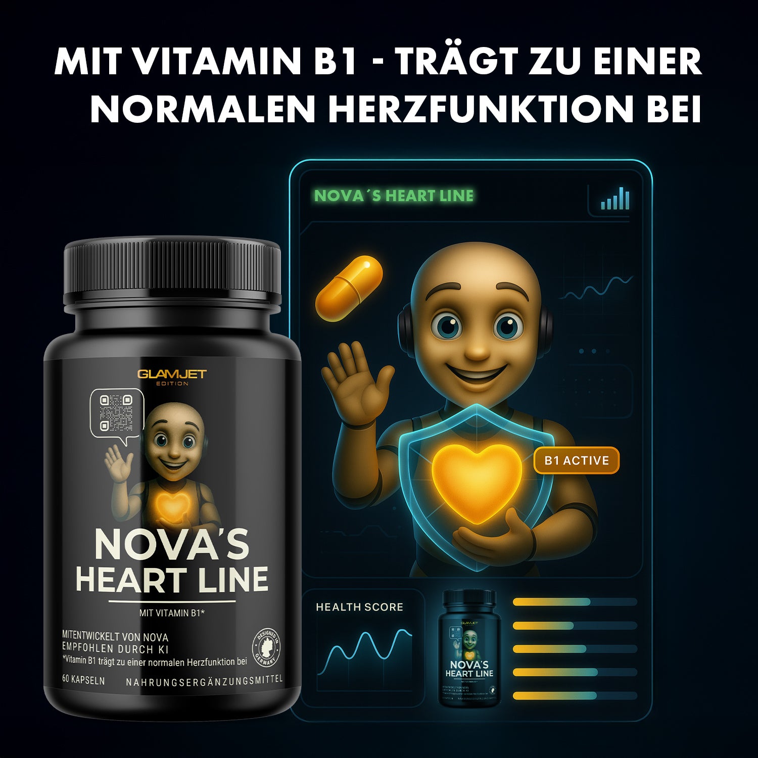 Nahrungsergänzungsmittel Nova’s Heart Line mit Vitamin B1 und animierter Figur mit Herzsymbol