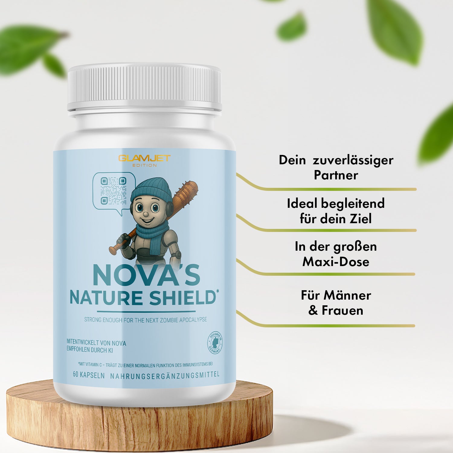 Produktdose NOVA’S Nature Shield mit Illustration, Werbetext und 60 Kapseln auf Podest