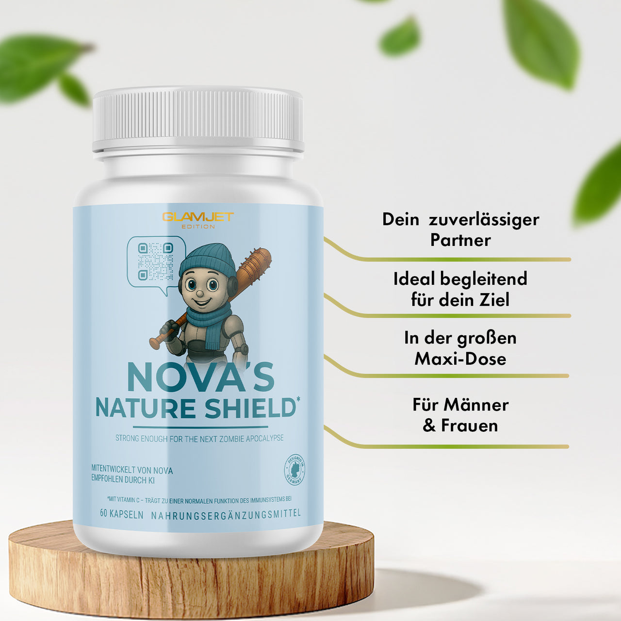 Produktdose NOVA’S Nature Shield mit Illustration, Werbetext und 60 Kapseln auf Podest