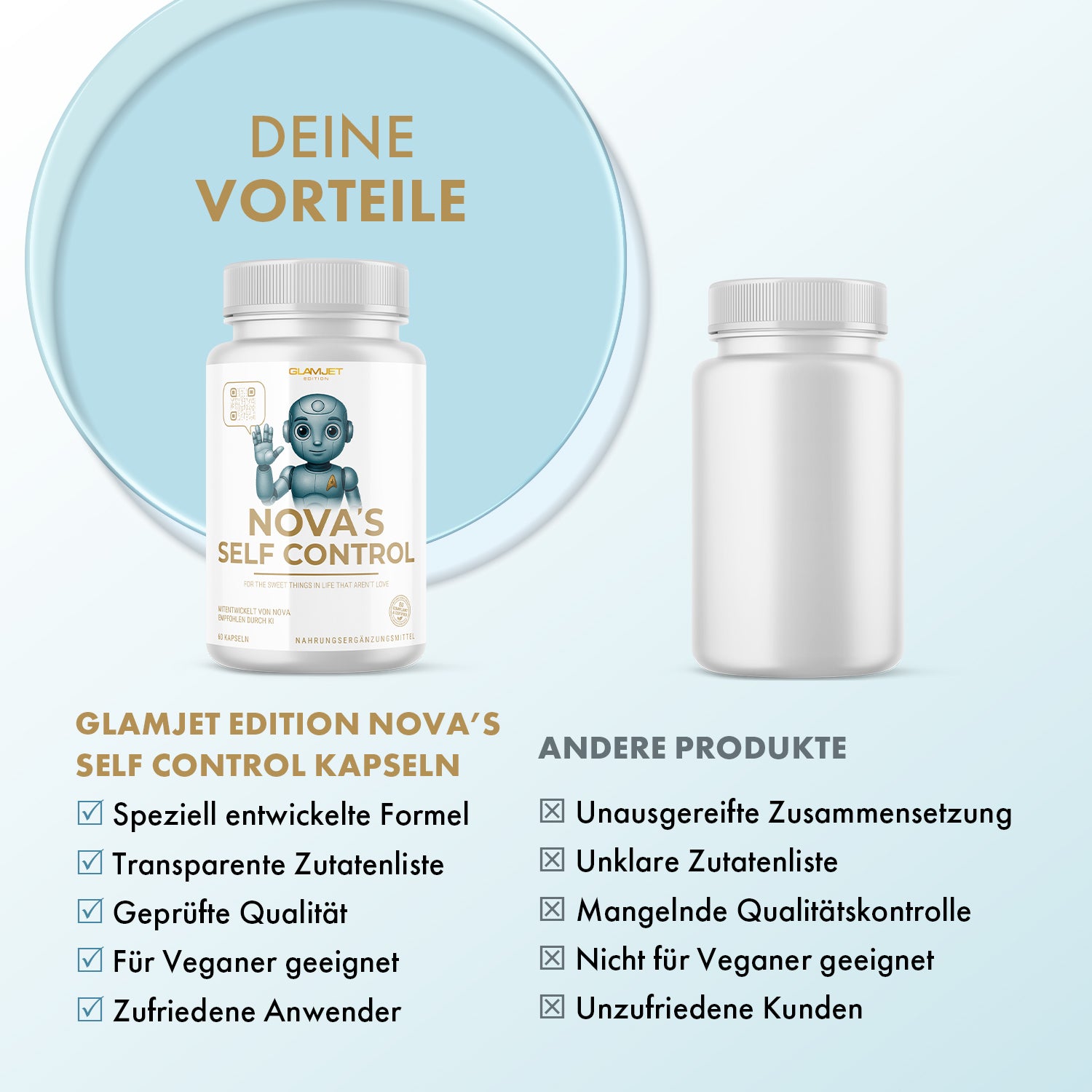 Dose NOVA'S SELF CONTROL links neben neutraler Dose mit tabellarischem Produktvergleich