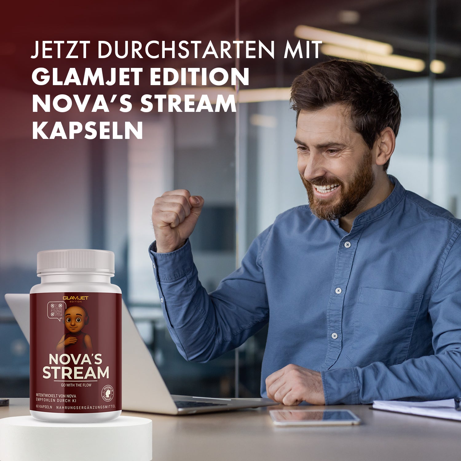 Dose NOVA’S STREAM im Vordergrund, Mann am Schreibtisch zeigt positive Reaktion am Laptop