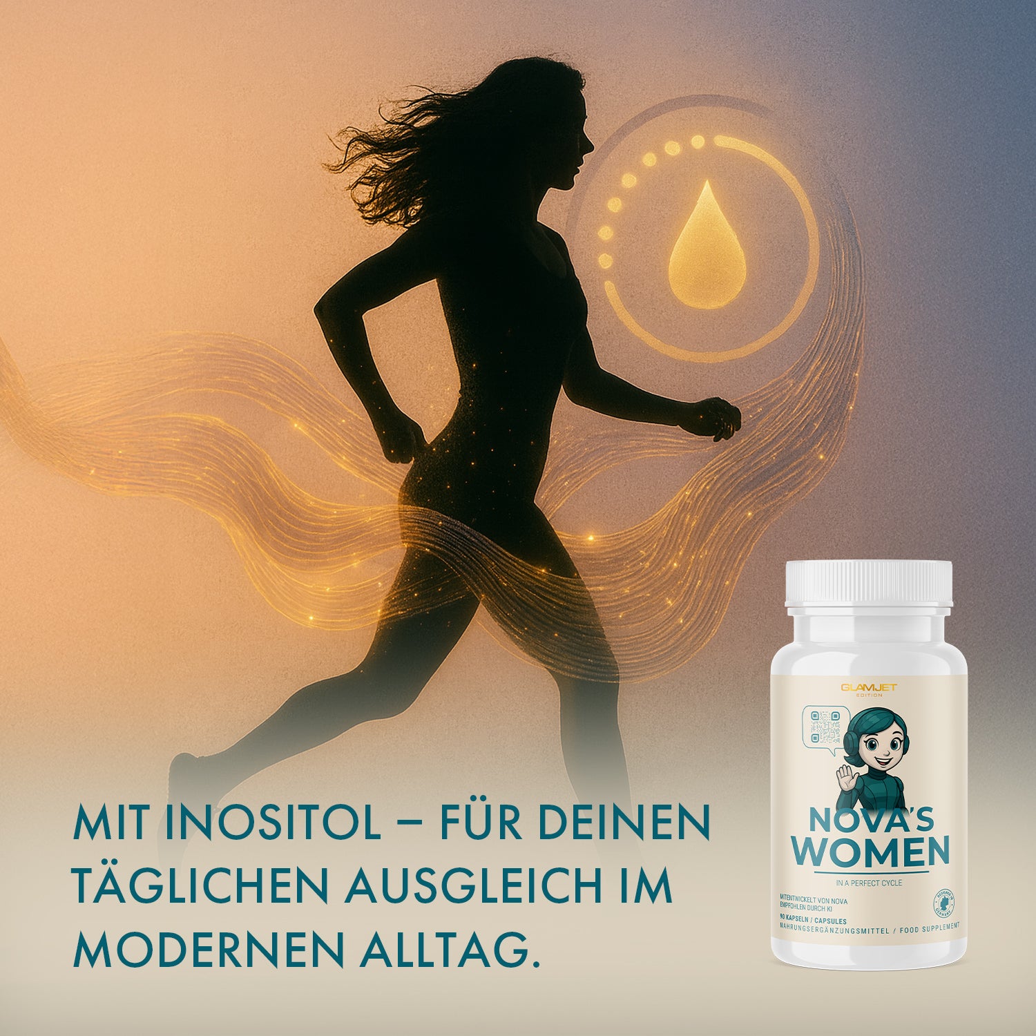 Silhouette einer laufenden Frau vor orangem Hintergrund, rechts Dose NOVA'S WOMEN