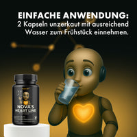 Thumbnail for Animierte Figur trinkt Wasser neben Dose Nova’s Heart Line mit Einnahmehinweis für Kapseln