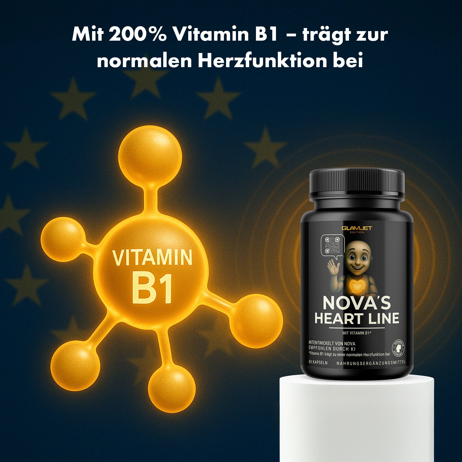 Schwarze Kunststoffdose NOVA'S HEART LINE mit 60 Kapseln neben gelber Grafik Vitamin B1
