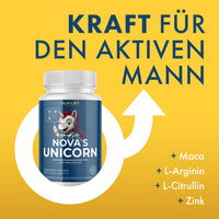 Thumbnail for NOVA’S UNICORN auf gelber Fläche mit grafischem Pfeilkreis und Nährstoffliste rechts unten