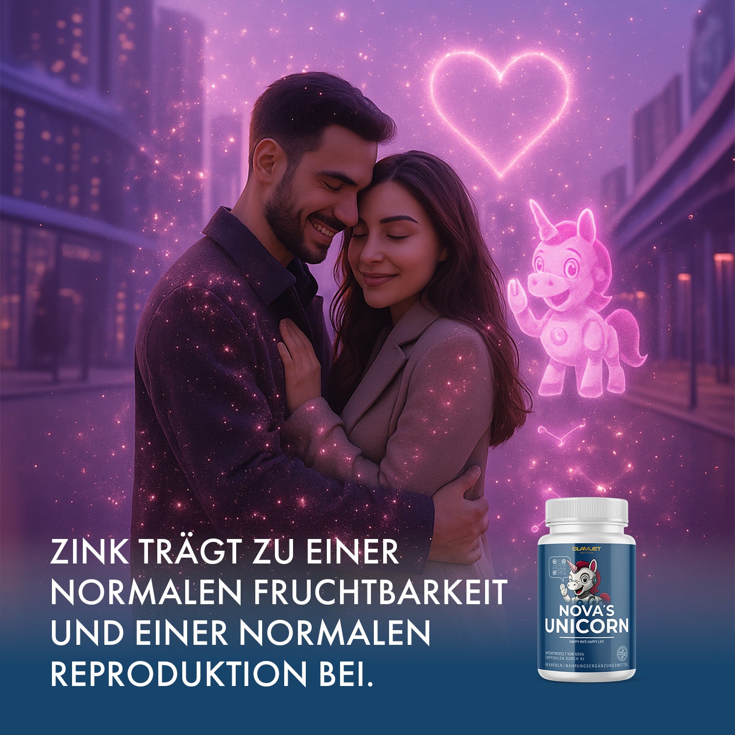 Paar umarmt sich in Stadt bei Nacht, rosa Licht, Herzsymbol und Einhorn, Dose rechts unten