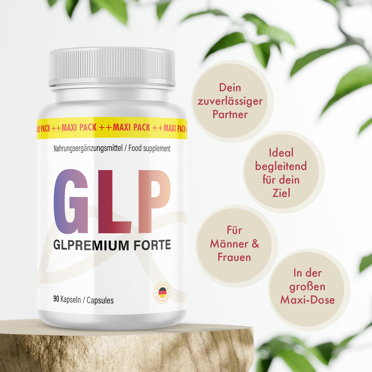 Weiße Dose Glpremium Forte mit 90 Kapseln auf Holzpodest und vier Infokreisen rechts