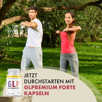 Thumbnail for Zwei Personen trainieren im Park neben Glpremium Forte Dose mit 90 Kapseln und Textfeld