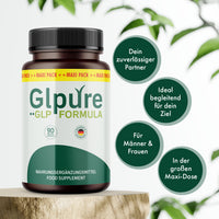 Thumbnail for Braune Glpure GLP Formula Dose auf Holzpodest mit grünen Vorteilshinweisen rechts im Bild
