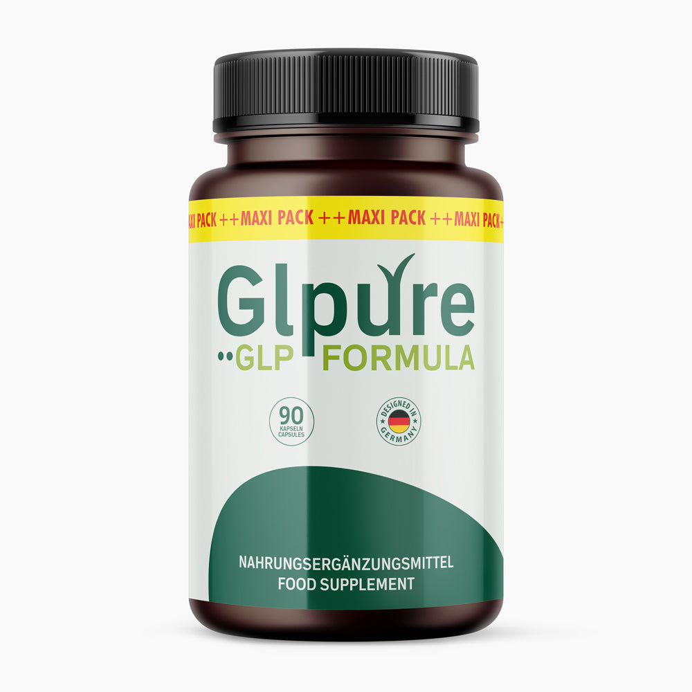 Braune Dose Glpure GLP Formula mit grünem Etikett und Hinweis auf 90 Kapseln