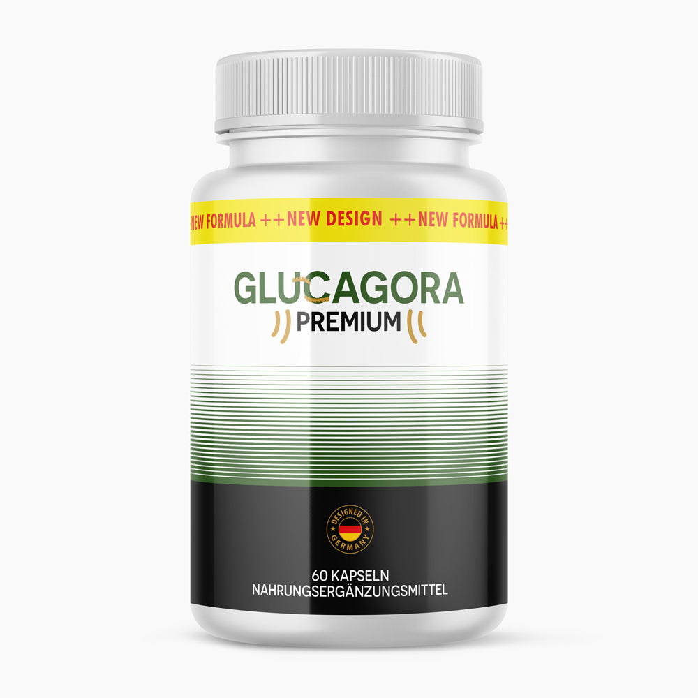 Dose Glucagora Premium mit grün-schwarzem Etikett, 60 Kapseln und Hinweis Nahrungsergänzungsmittel
