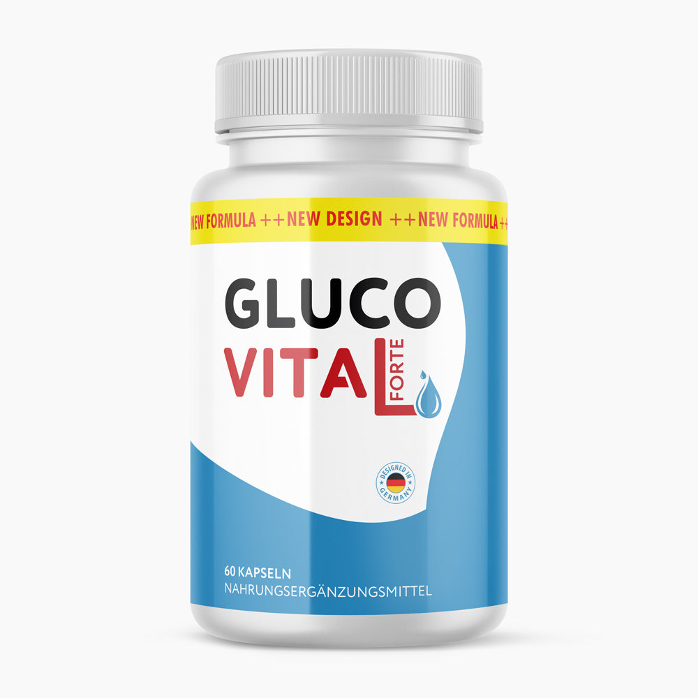 Glucovital Forte Nahrungsergänzungsmittel in weißer Dose mit blauem Etikett und 60 Kapseln