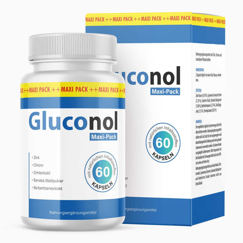 Dose mit Etikett Gluconol Maxi-Pack, Angabe 60 Kapseln, sichtbare Faltschachtel mit gleichem Design