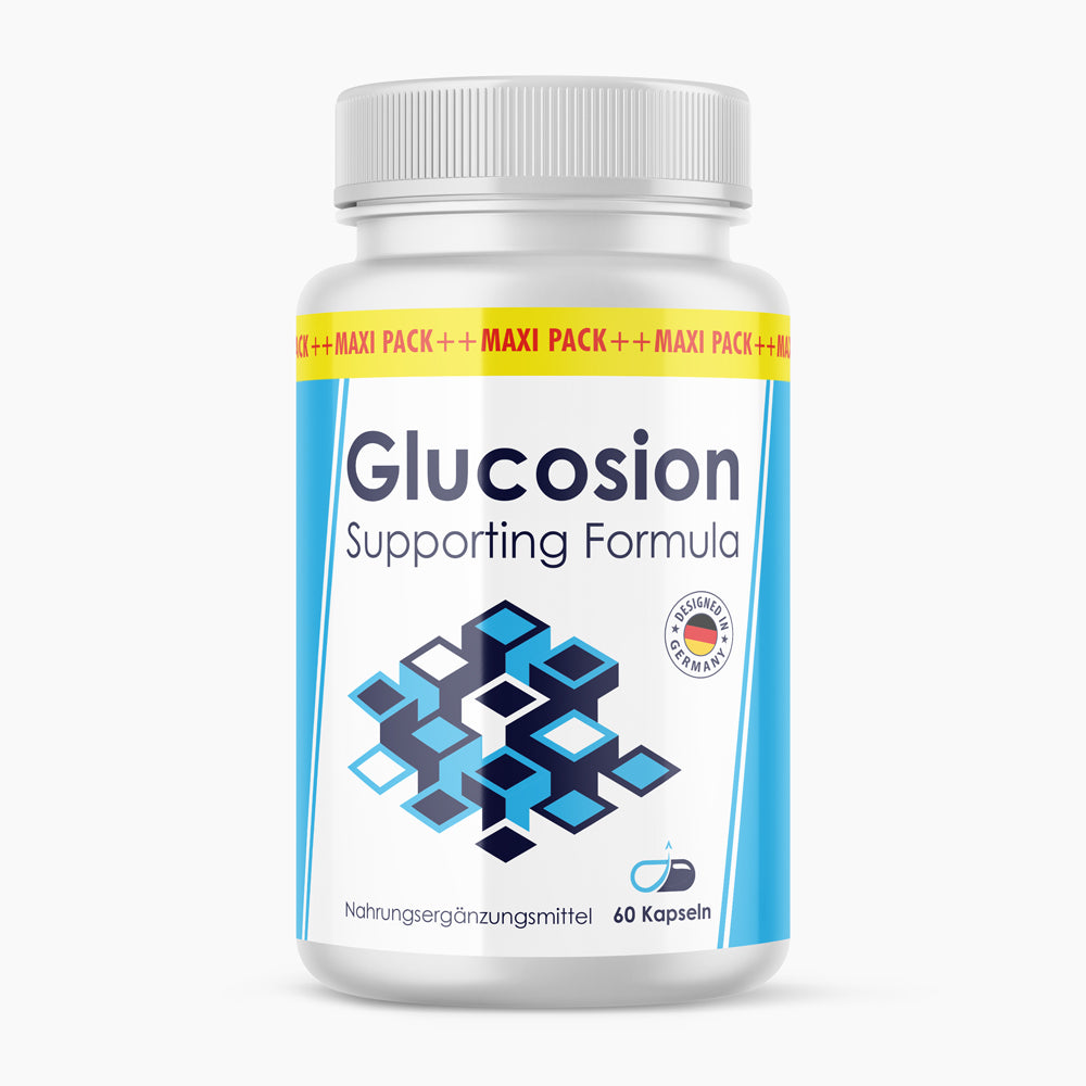 Weiße Kunststoffdose mit Schrift Glucosion Supporting Formula, 60 Kapseln und blauen Würfeln
