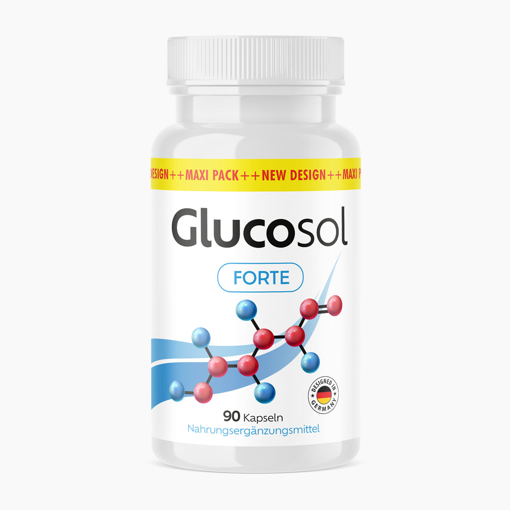 Weiße Kunststoffdose mit Schrift Glucosol Forte 90 Kapseln und Molekülabbildung auf dem Etikett