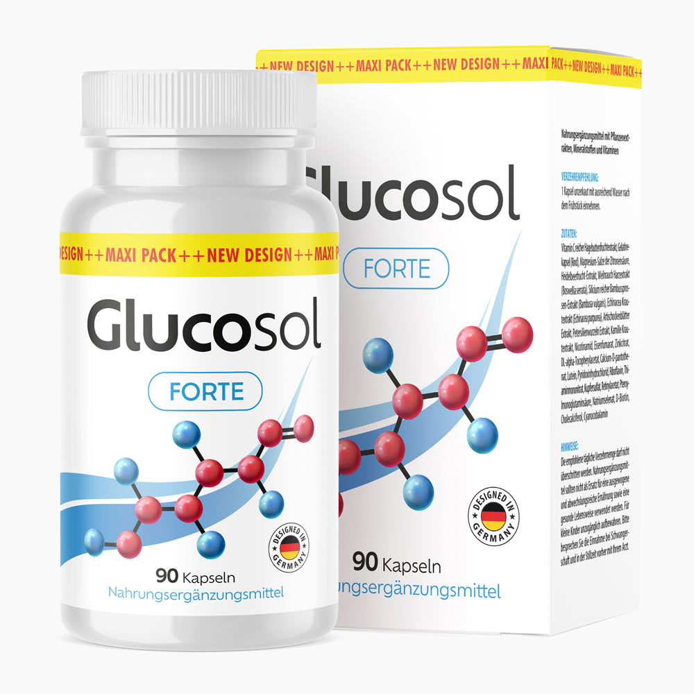 Weiße Kunststoffdose mit Schrift Glucosol Forte 90 Kapseln vor passender Faltschachtel mit Molekülabbildung