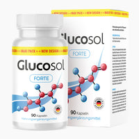 Thumbnail for Weiße Kunststoffdose mit Schrift Glucosol Forte 90 Kapseln vor passender Faltschachtel mit Molekülabbildung