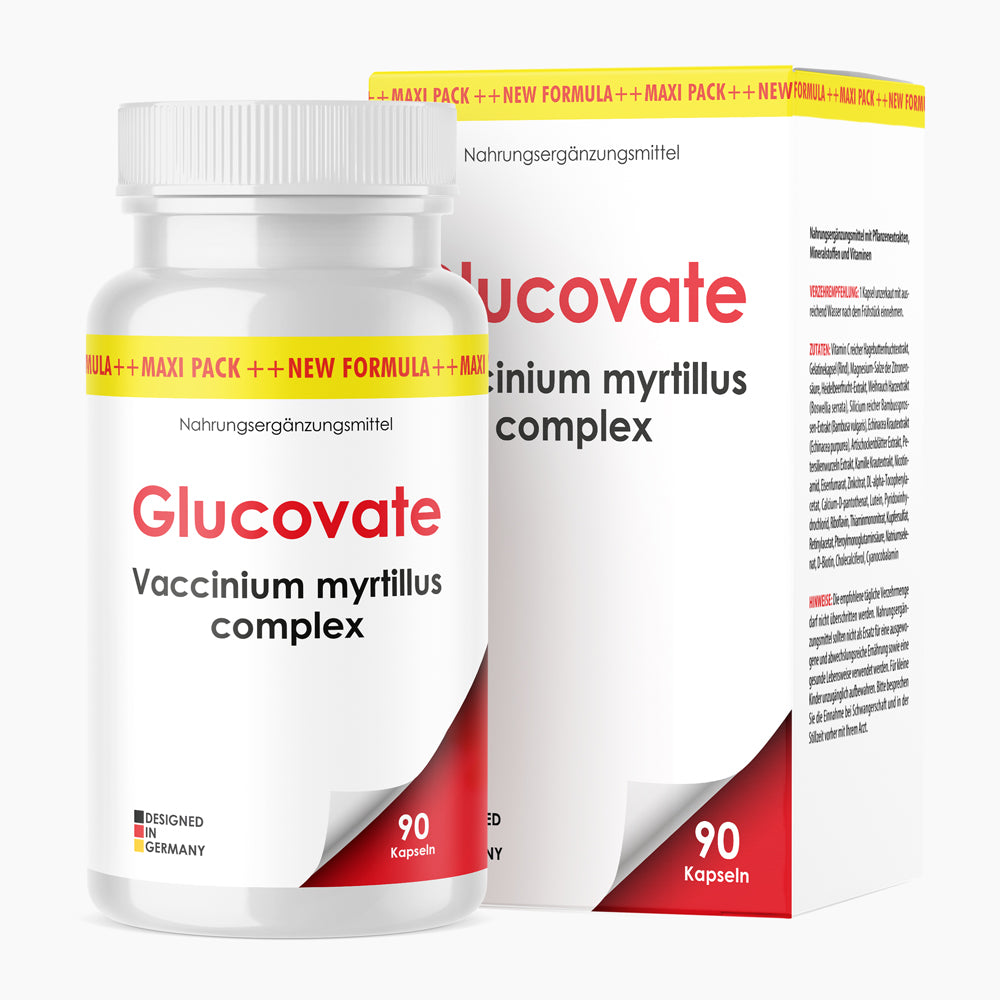 Weiße Dose mit roter Schrift Glucovate Vaccinium myrtillus complex, 90 Kapseln vor Faltschachtel